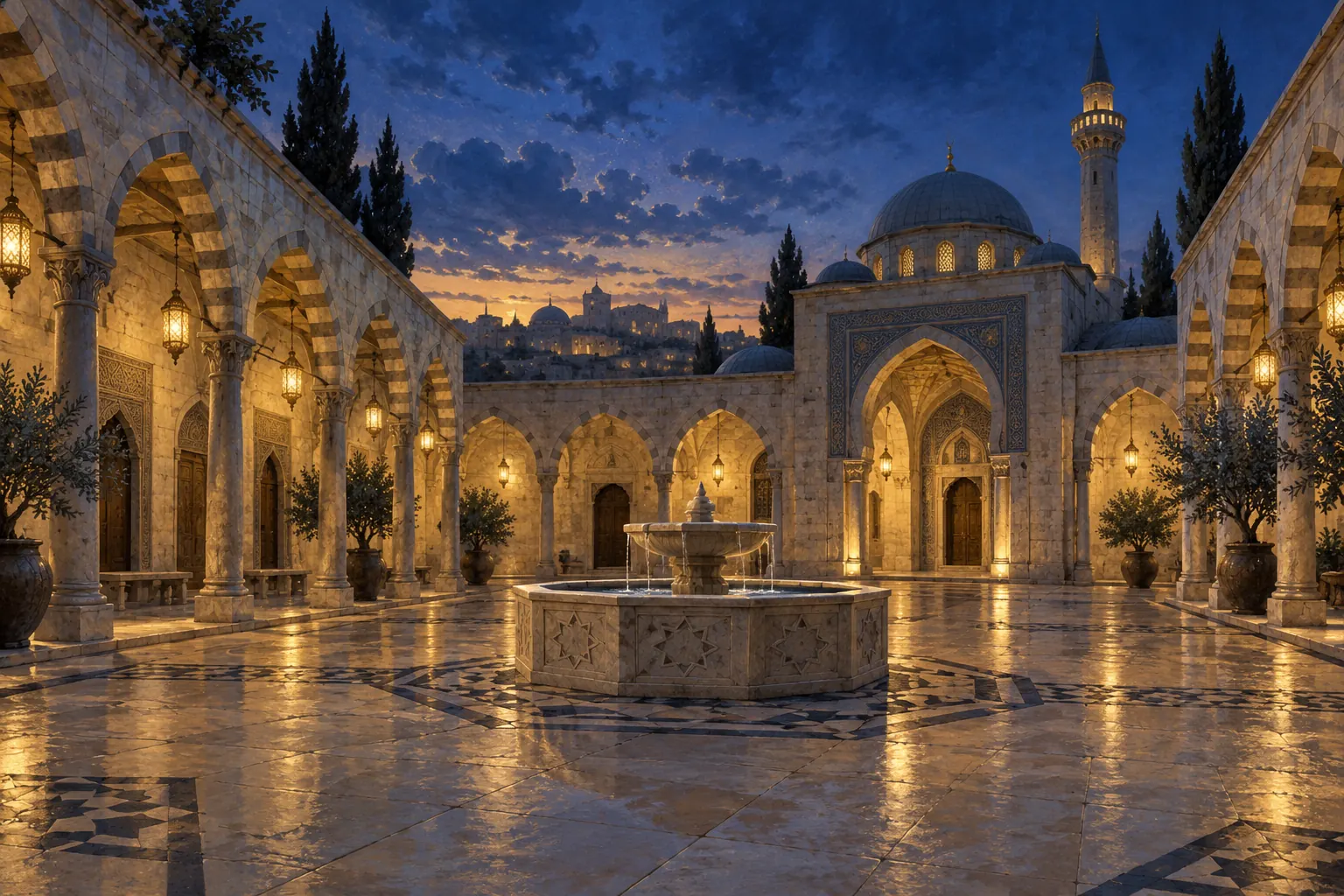 Artistic illustration: An imagined mosque courtyard with arches and a fountain at dusk.
