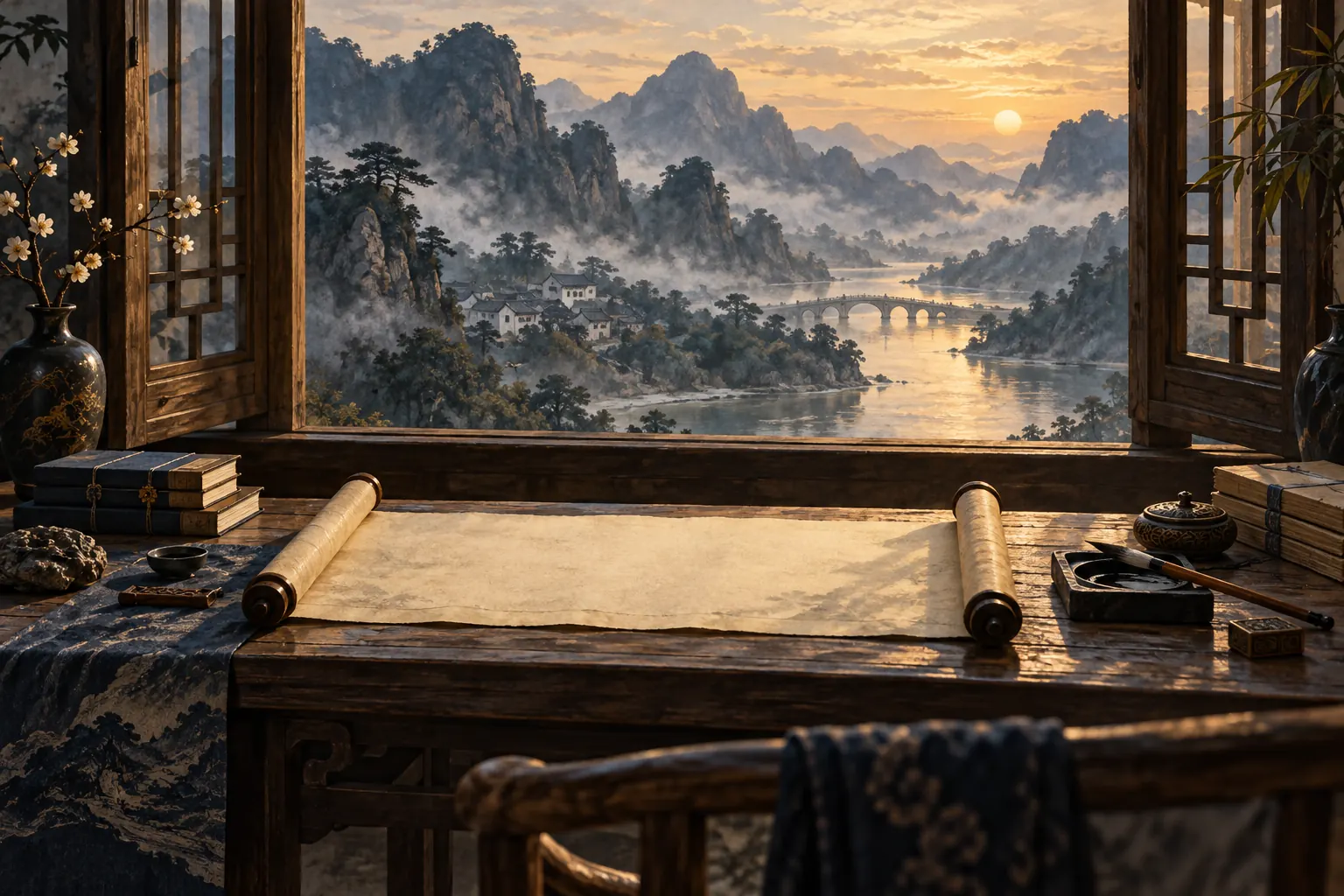 Artistic illustration: A blank scroll and ink stone beside a window overlooking misty mountains.