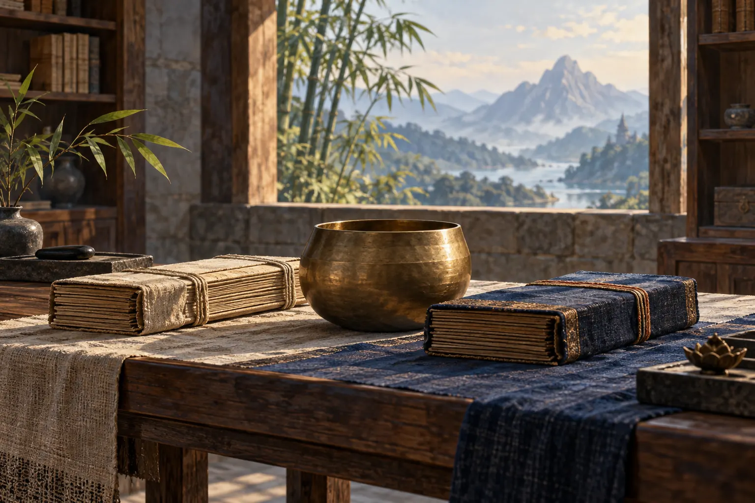 Artistic illustration: Two closed manuscript bundles and a brass bowl in a quiet study.