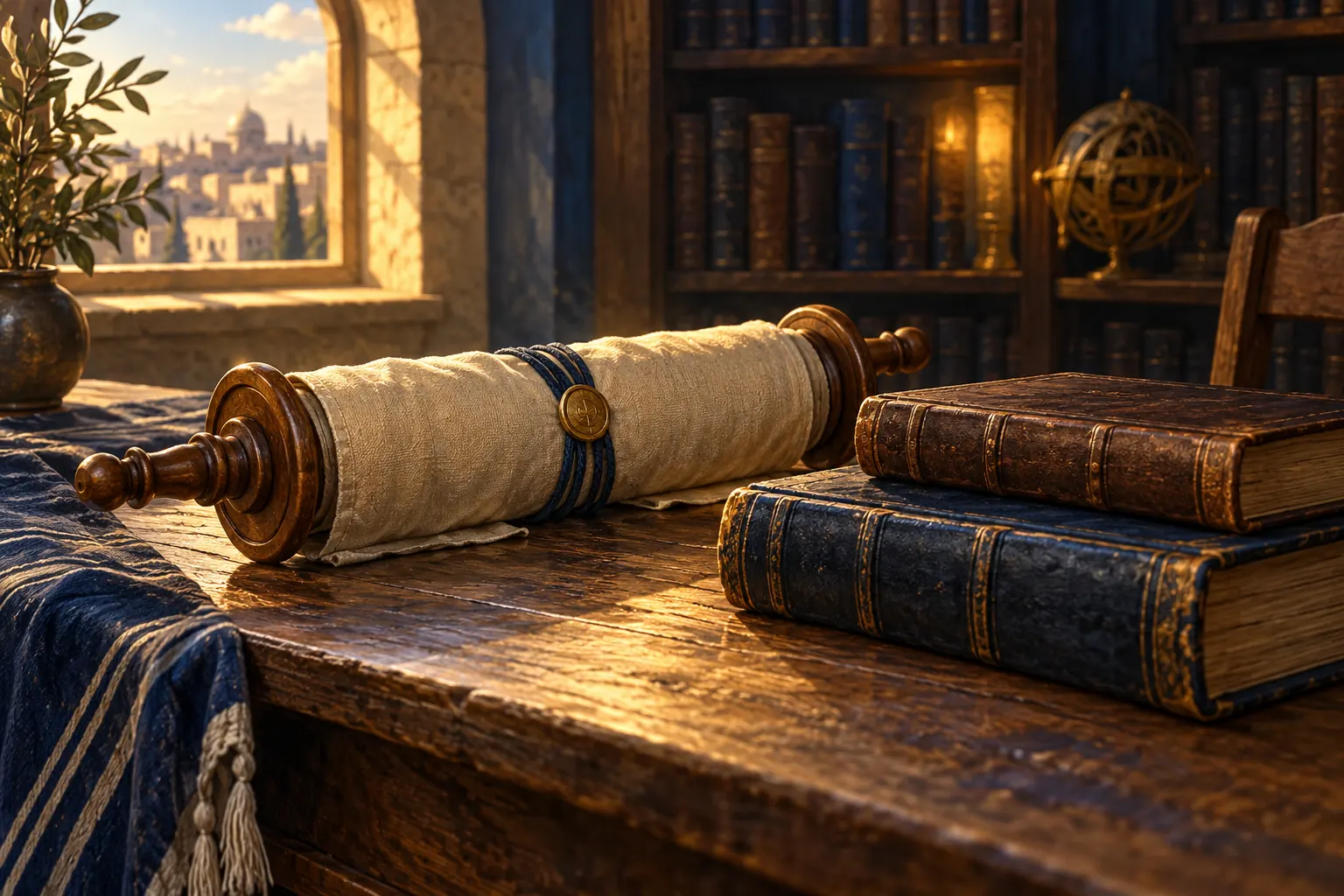 Artistic illustration: A wrapped scroll and two closed books on a sunlit library table.