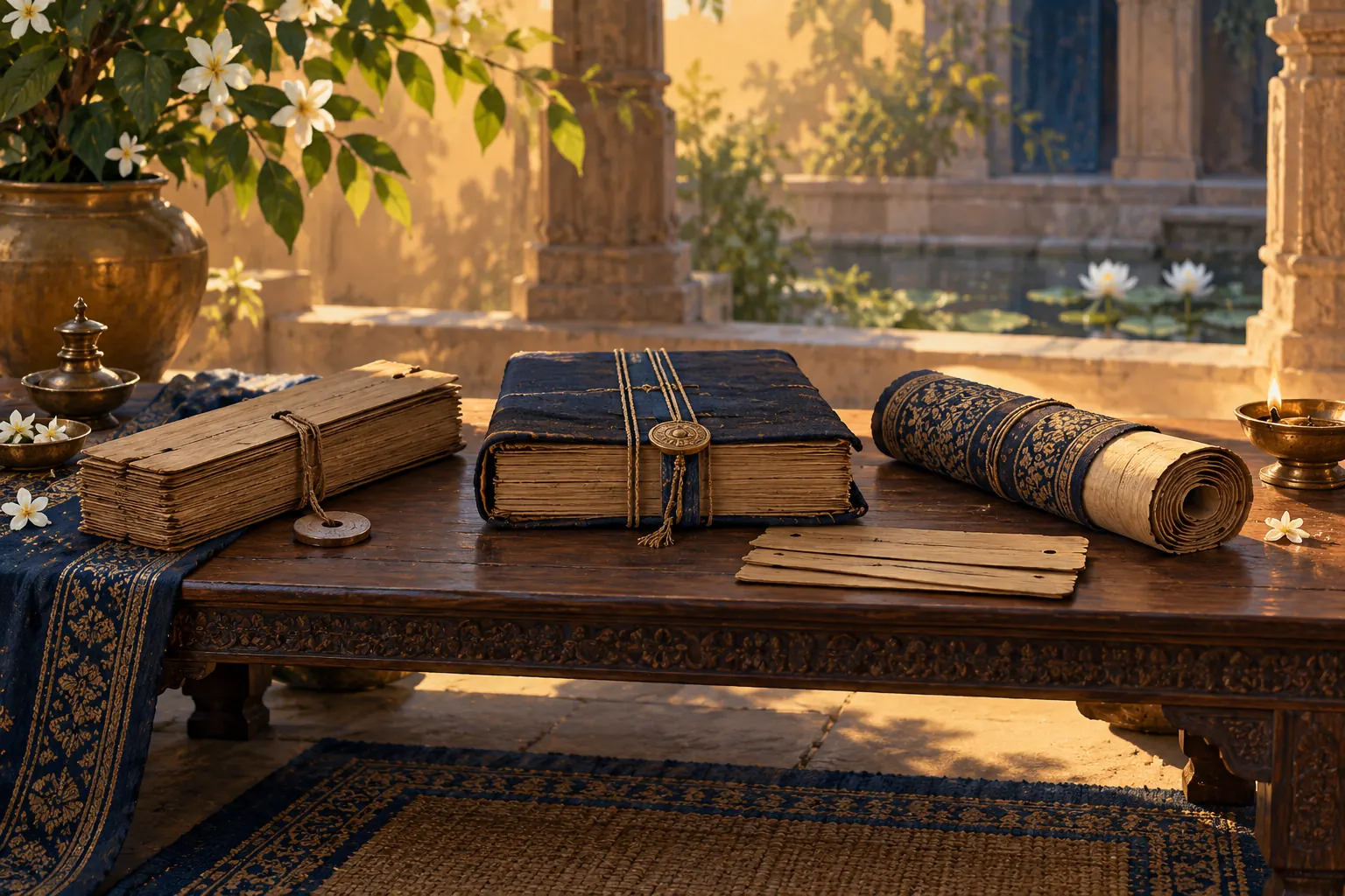 Artistic illustration: Several manuscript bundles on a low wooden desk in a sunlit courtyard.