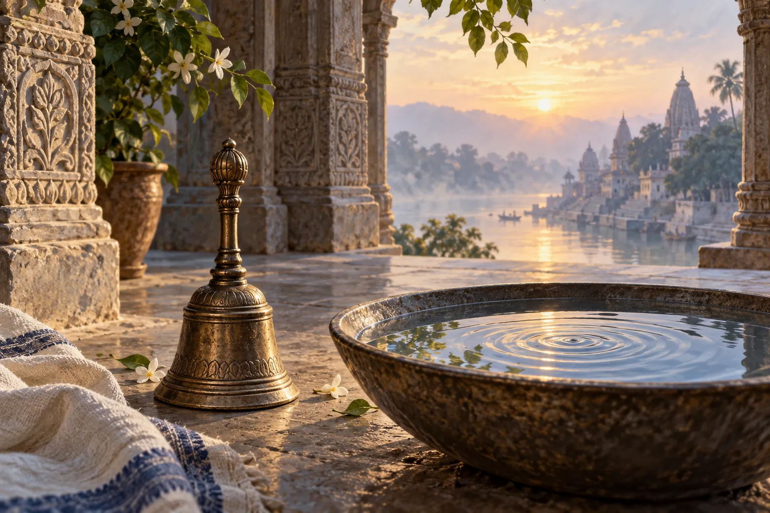 A bronze bell beside a bowl of water with ripples on a sunlit veranda.