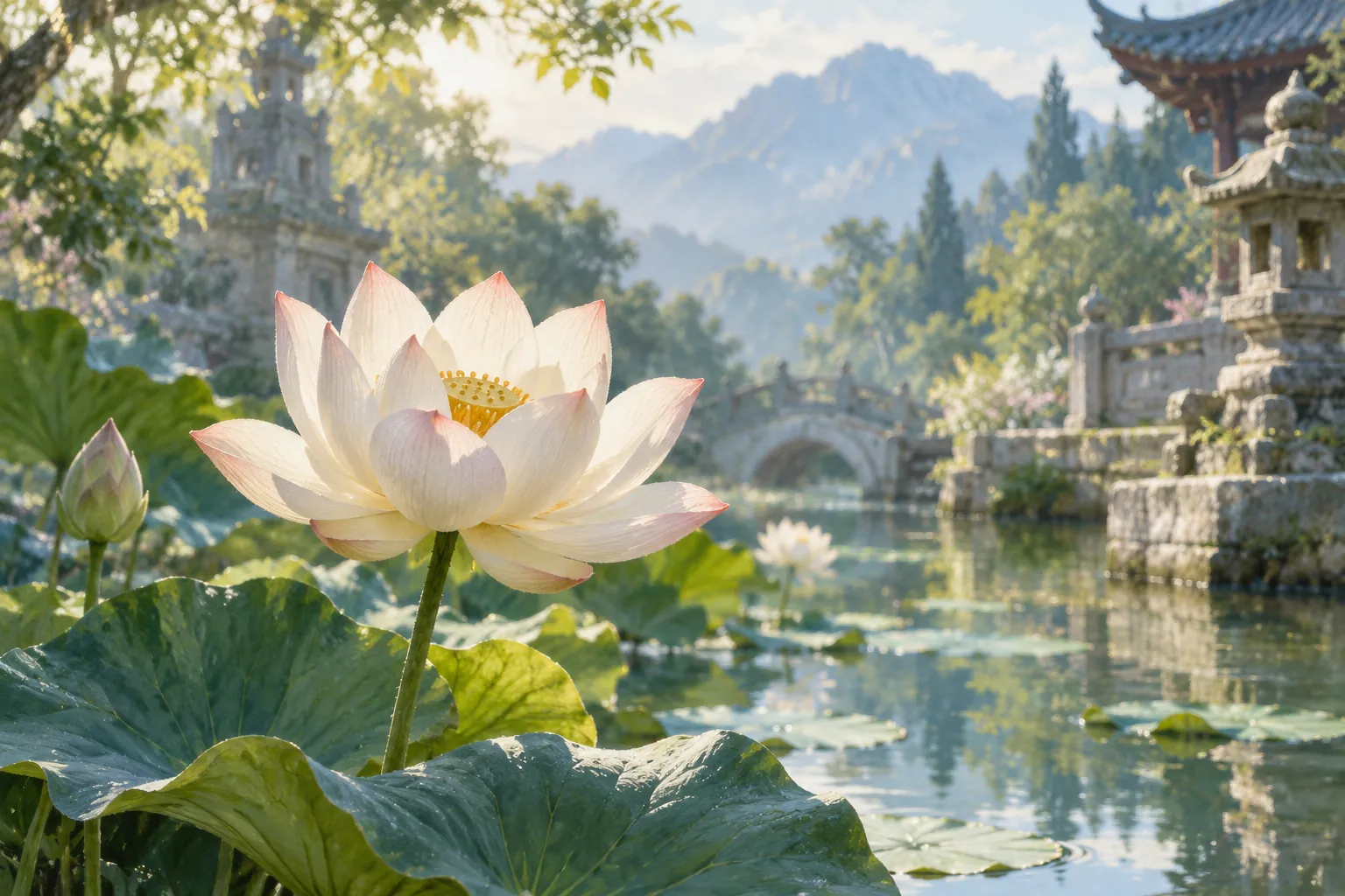 A pale lotus rising above a pond beside a stone garden and temple-like architecture.