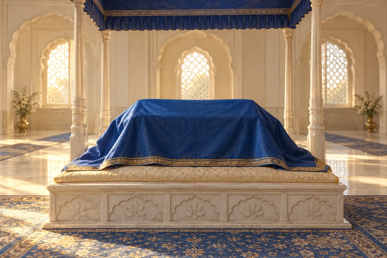A blue cloth covering a scripture stand on a raised platform beneath a matching canopy.