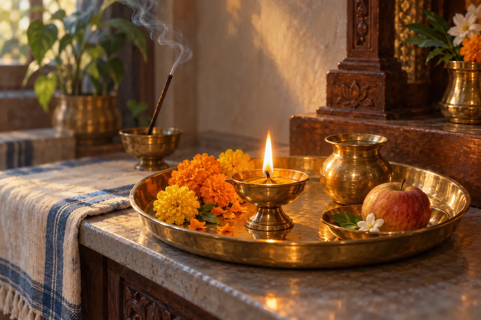 A brass tray holding a lamp, flowers, a water vessel, and fruit beside a home shrine.