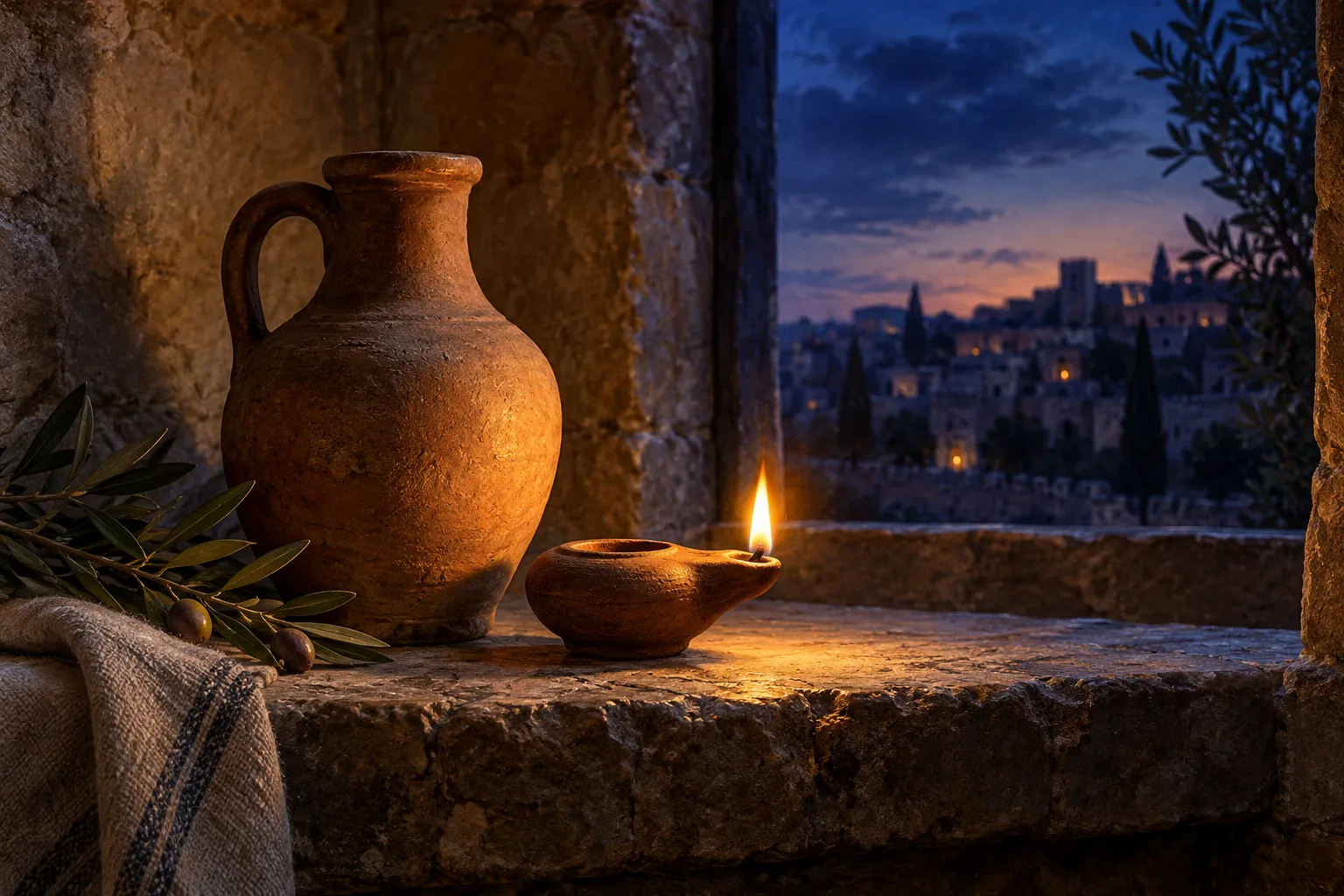 A small clay oil lamp and an oil jug beside a window at dusk.