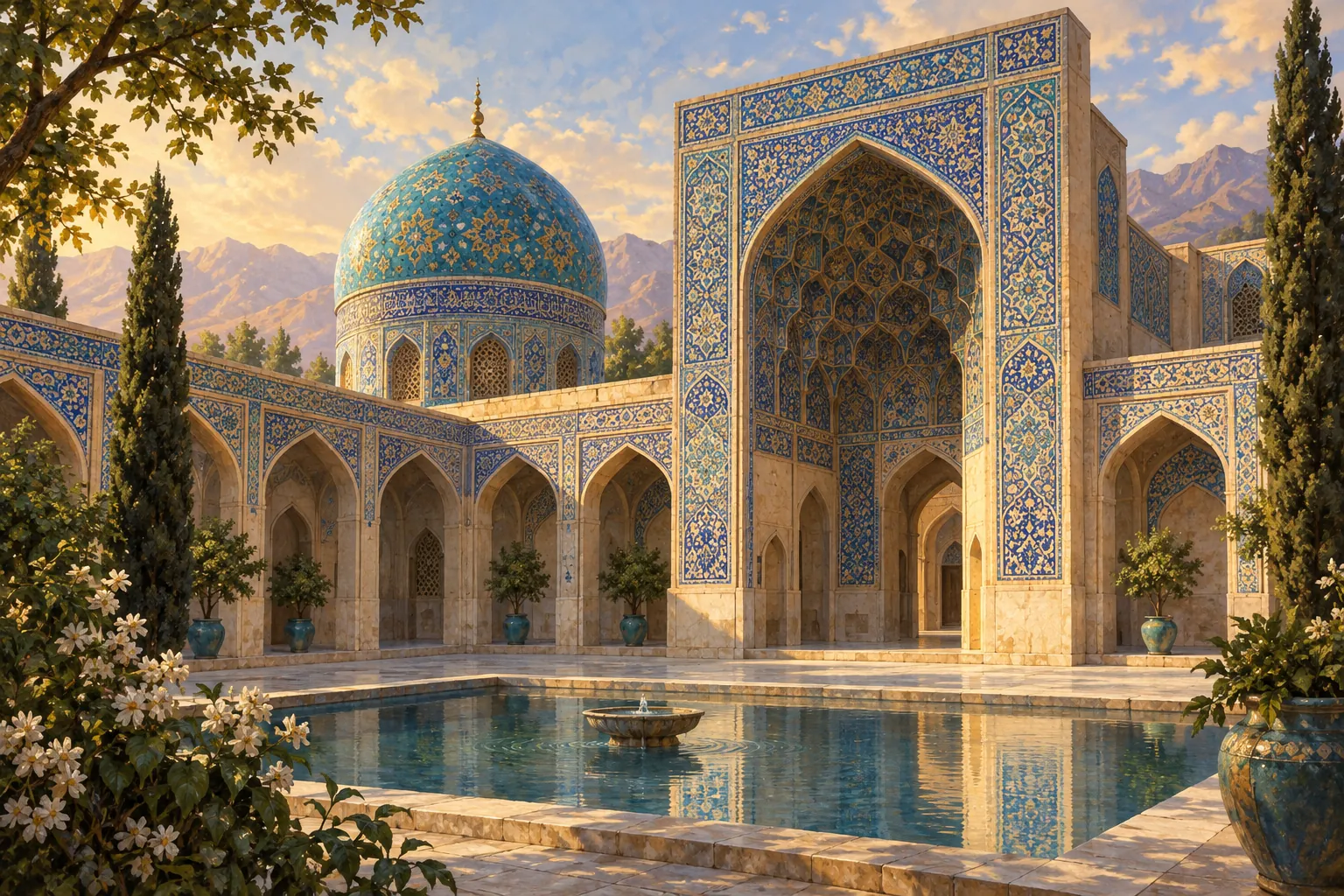 A tiled dome and tall iwan rise above a quiet courtyard and pool in warm light.