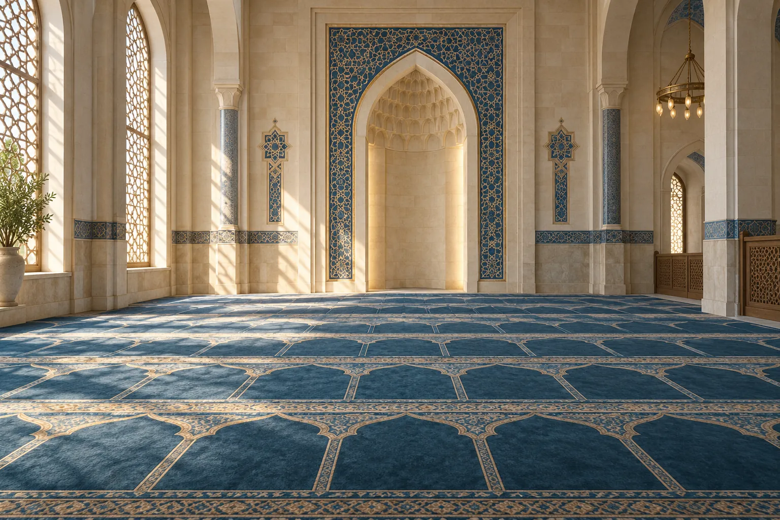 An empty mosque interior with a prayer niche and aligned rows of carpet.