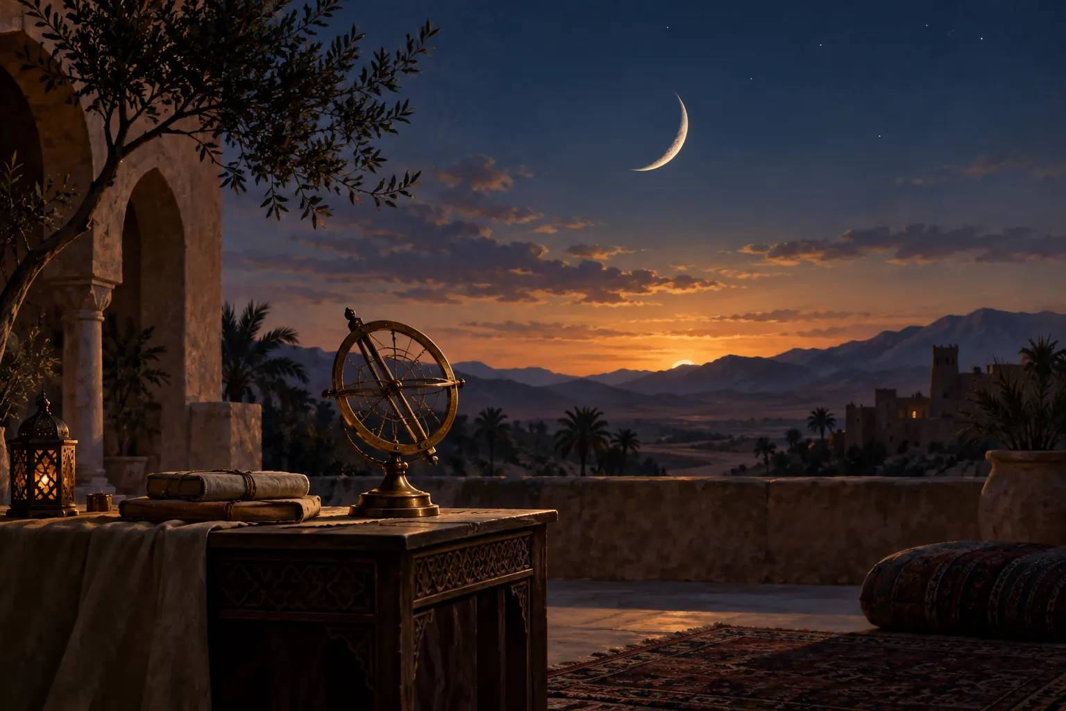 Artistic illustration: An artistic crescent moon above a courtyard with a brass astronomical instrument.