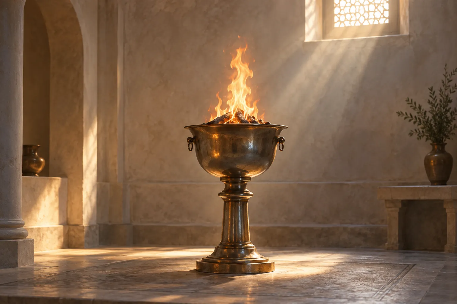 A flame rising from a metal vessel on a pedestal in a quiet sunlit room.