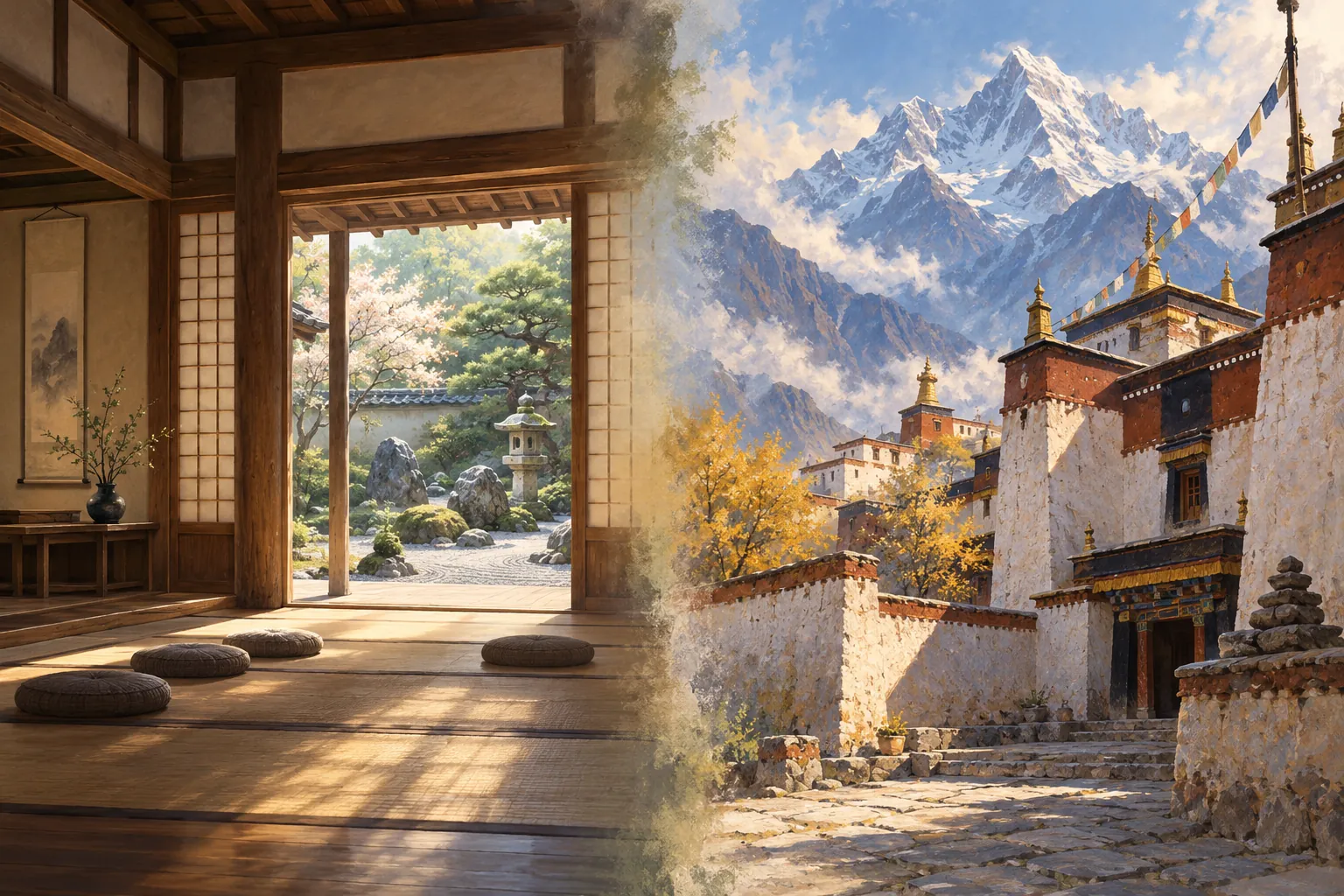 A wooden meditation hall and garden paired with a Tibetan-style monastery beneath snowy mountains.