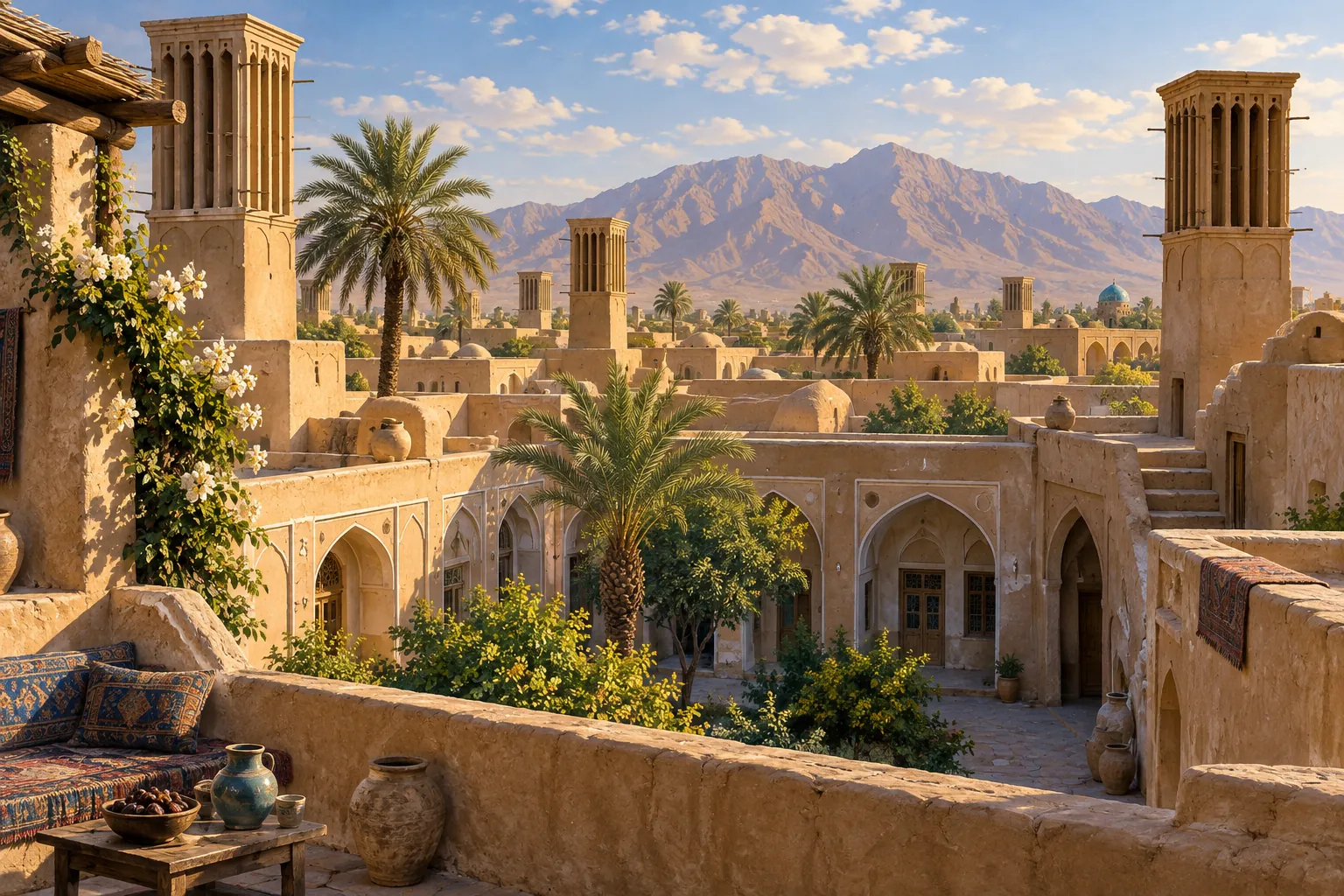 Adobe courtyards and rectangular windcatchers above a green garden in a dry mountain landscape.